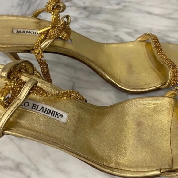 Manolo Blahnik Gold Heels Krystals Open Toe Sandal size EUR 39.5 - Picture 2 of 4